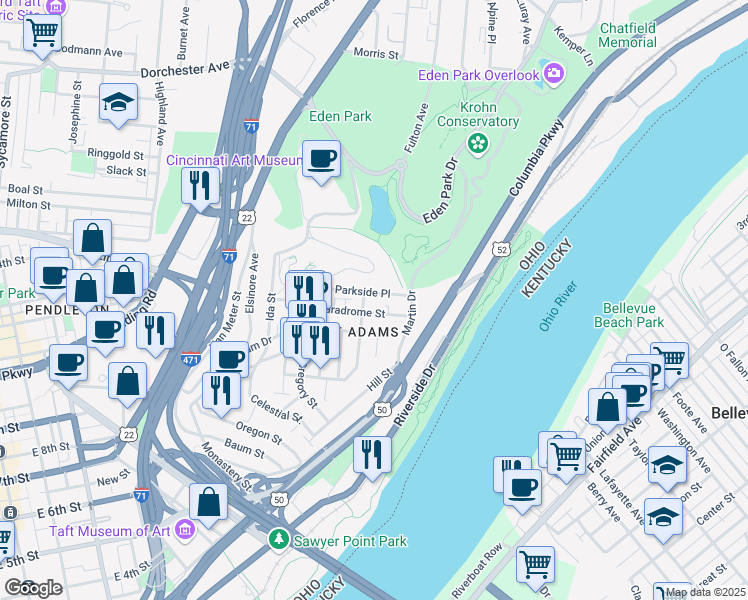 map of restaurants, bars, coffee shops, grocery stores, and more near in Cincinnati