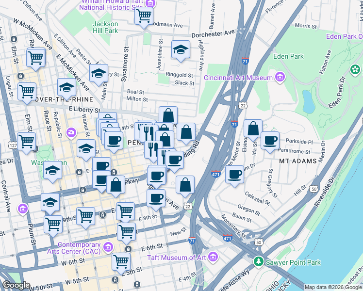 map of restaurants, bars, coffee shops, grocery stores, and more near 528 Reading Road in Cincinnati