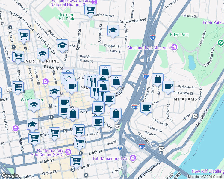 map of restaurants, bars, coffee shops, grocery stores, and more near 528 Reading Road in Cincinnati