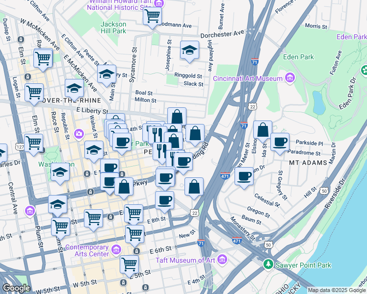 map of restaurants, bars, coffee shops, grocery stores, and more near 528 Reading Road in Cincinnati