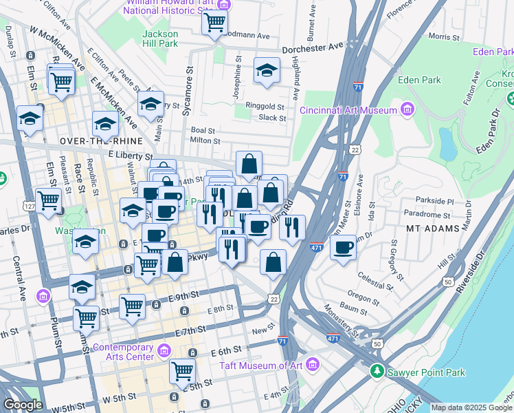 map of restaurants, bars, coffee shops, grocery stores, and more near 528 Reading Road in Cincinnati