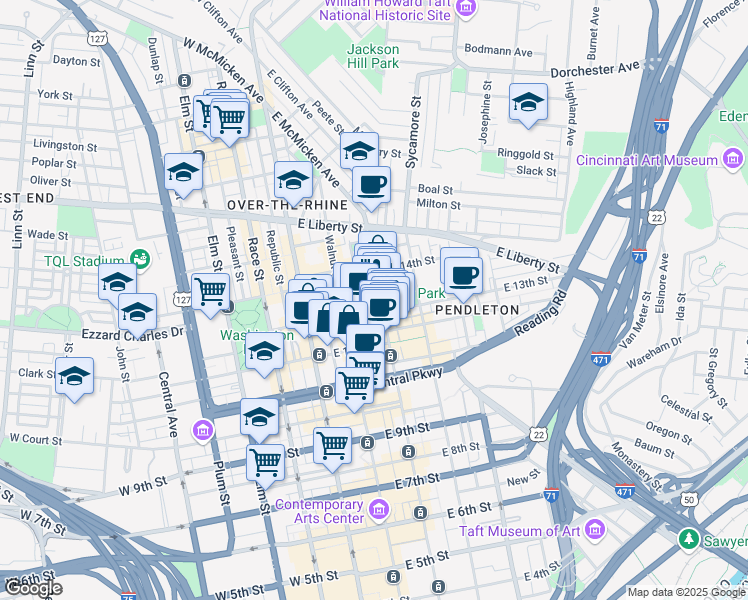 map of restaurants, bars, coffee shops, grocery stores, and more near 1206 Main Street in Cincinnati