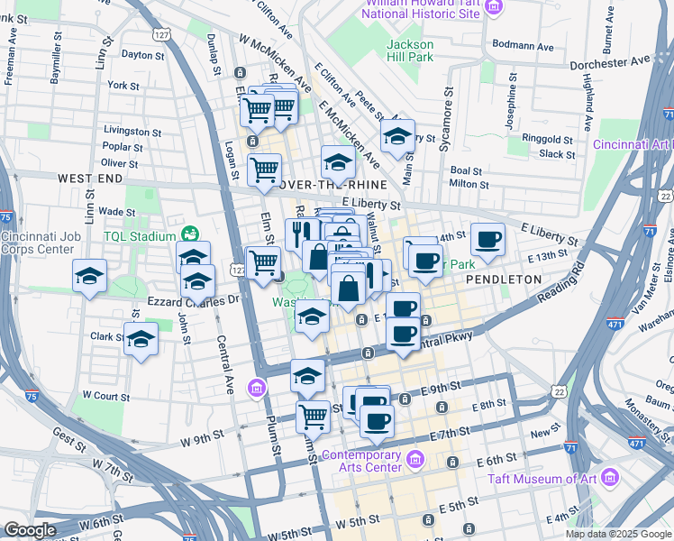 map of restaurants, bars, coffee shops, grocery stores, and more near 18 West 13th Street in Cincinnati