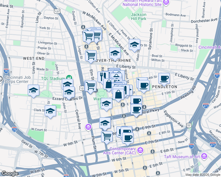 map of restaurants, bars, coffee shops, grocery stores, and more near 18 West 13th Street in Cincinnati