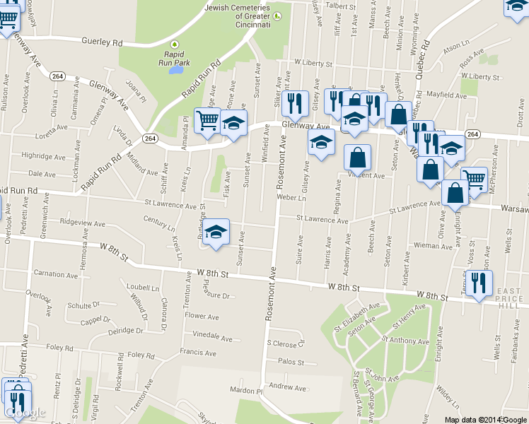map of restaurants, bars, coffee shops, grocery stores, and more near 926 Rosemont Avenue in Cincinnati