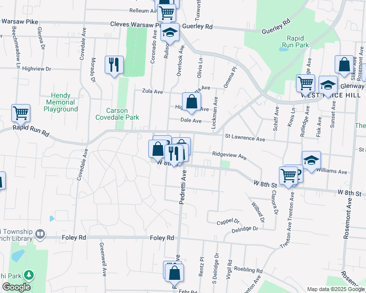 map of restaurants, bars, coffee shops, grocery stores, and more near in Cincinnati