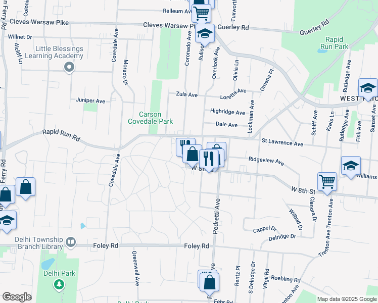 map of restaurants, bars, coffee shops, grocery stores, and more near 4544 West 8th Street in Cincinnati