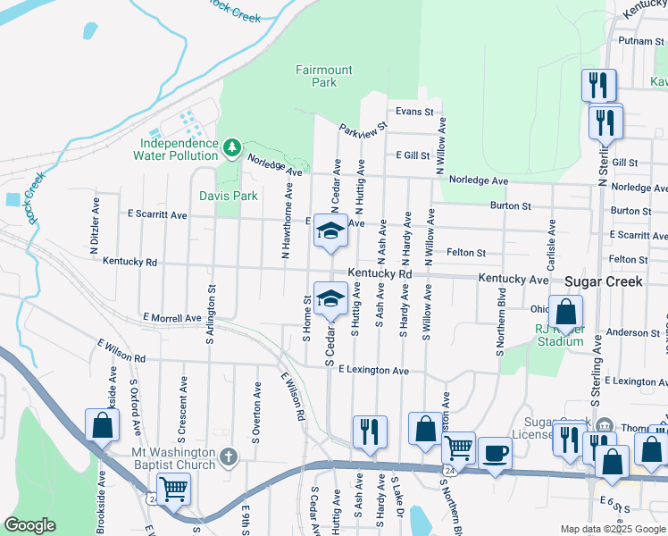 map of restaurants, bars, coffee shops, grocery stores, and more near 116 South Cedar Avenue in Independence