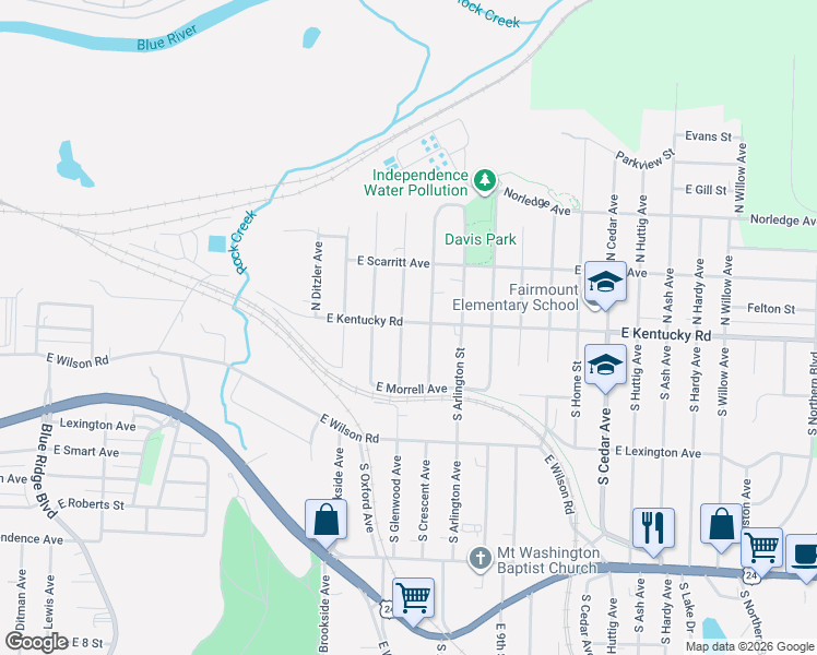 map of restaurants, bars, coffee shops, grocery stores, and more near 123 South Glenwood Avenue in Independence