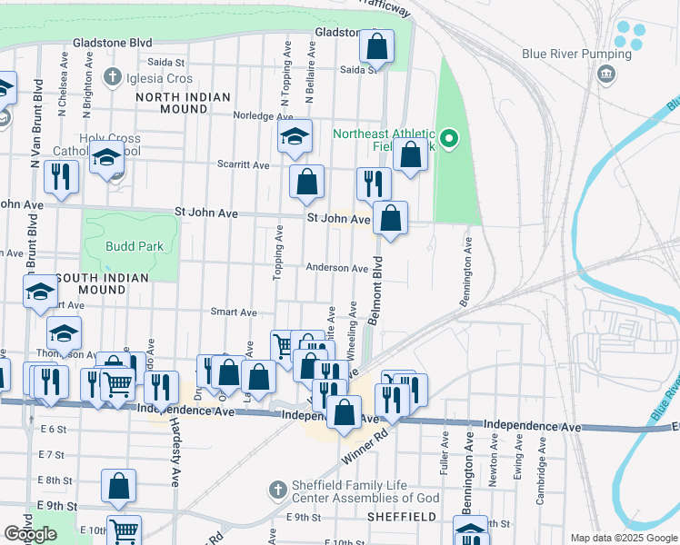 map of restaurants, bars, coffee shops, grocery stores, and more near 323 South Wheeling Avenue in Kansas City