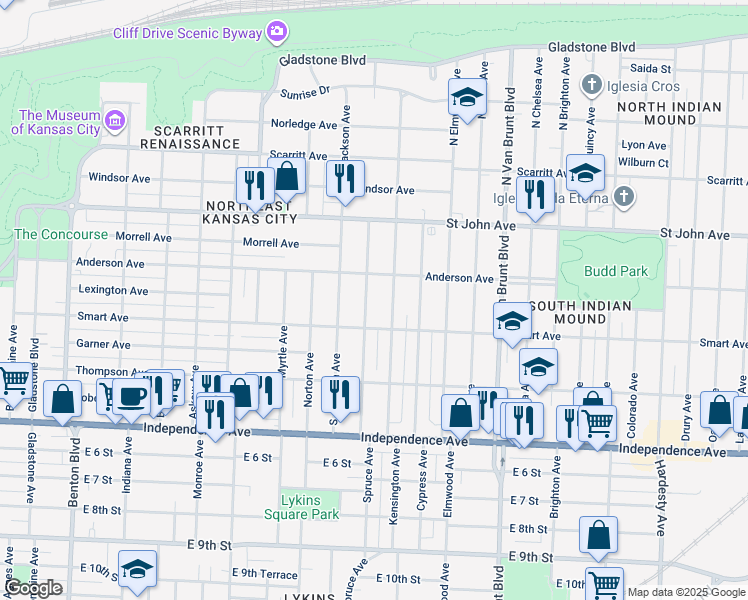 map of restaurants, bars, coffee shops, grocery stores, and more near 345 Spruce Avenue in Kansas City