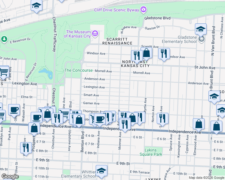 map of restaurants, bars, coffee shops, grocery stores, and more near 400 Bales Avenue in Kansas City