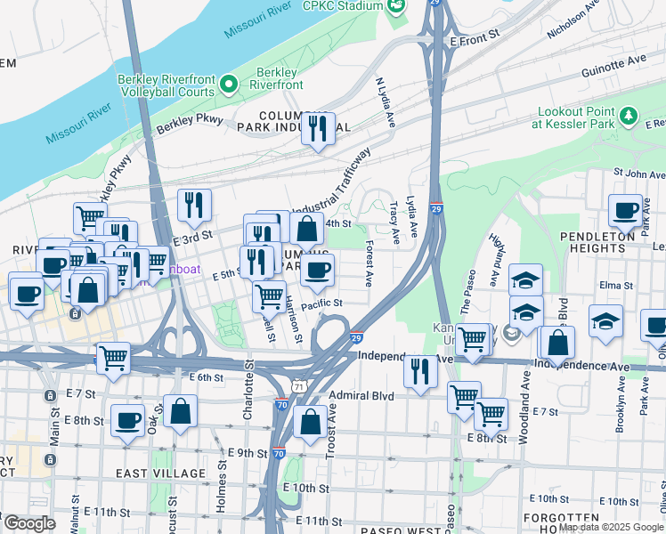 map of restaurants, bars, coffee shops, grocery stores, and more near 1119 East Missouri Avenue in Kansas City
