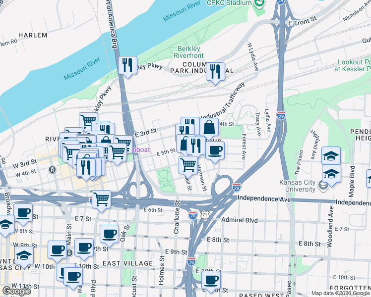 map of restaurants, bars, coffee shops, grocery stores, and more near 518 Campbell Street in Kansas City