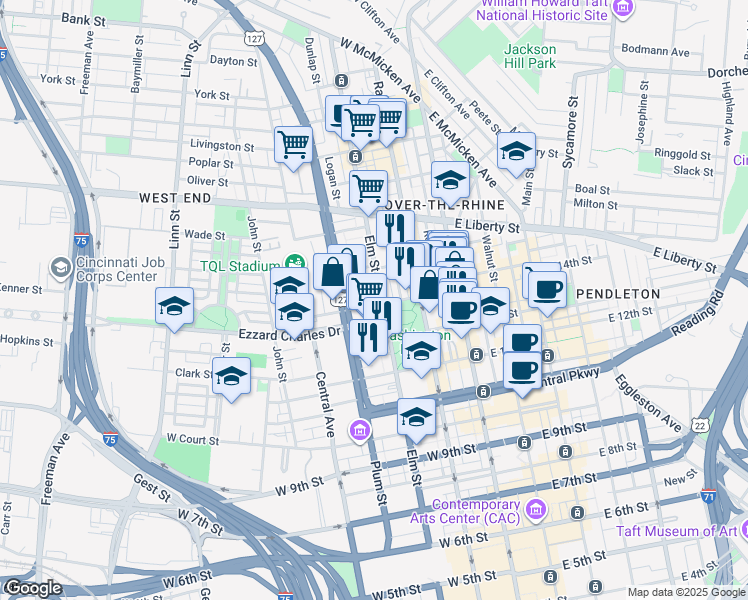 map of restaurants, bars, coffee shops, grocery stores, and more near in Cincinnati