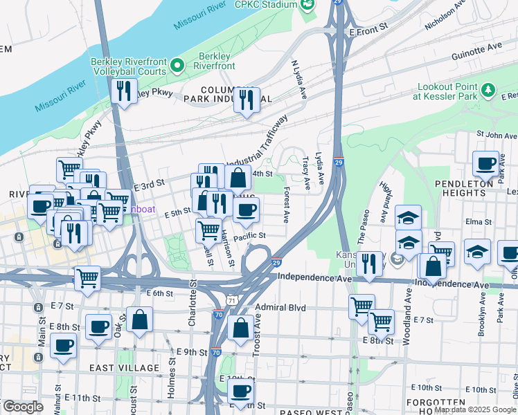map of restaurants, bars, coffee shops, grocery stores, and more near 1119 East Missouri Avenue in Kansas City