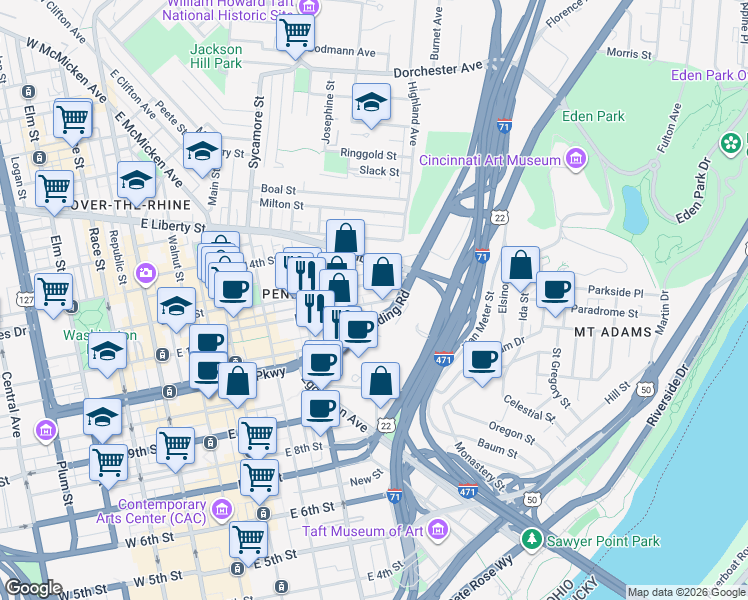 map of restaurants, bars, coffee shops, grocery stores, and more near 528 Reading Road in Cincinnati