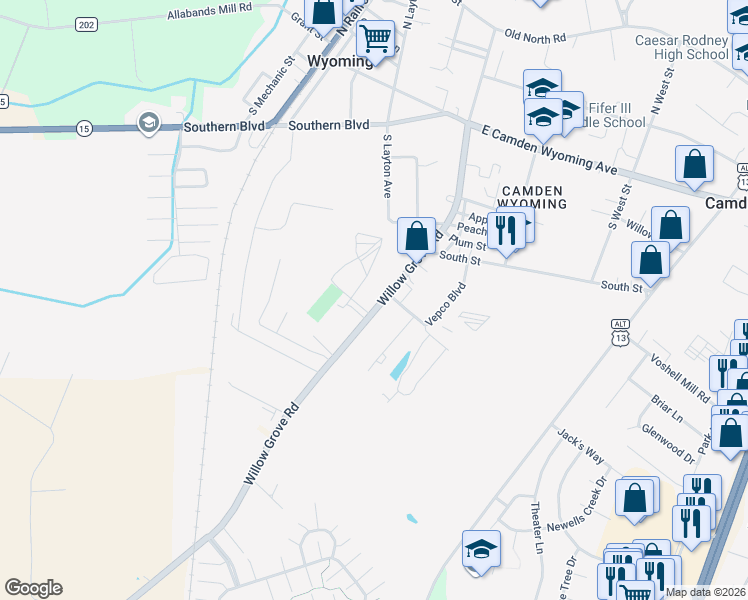 map of restaurants, bars, coffee shops, grocery stores, and more near 12191 Willow Grove Road in Kent County