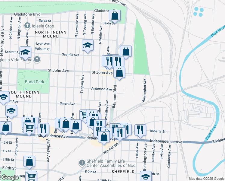 map of restaurants, bars, coffee shops, grocery stores, and more near 300 Belmont Boulevard in Kansas City