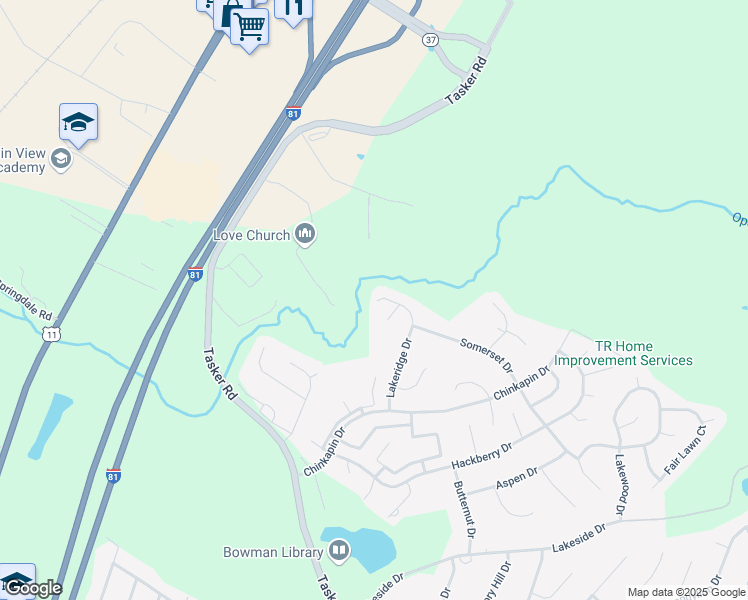 map of restaurants, bars, coffee shops, grocery stores, and more near 225 Lakeridge Drive in Stephens City