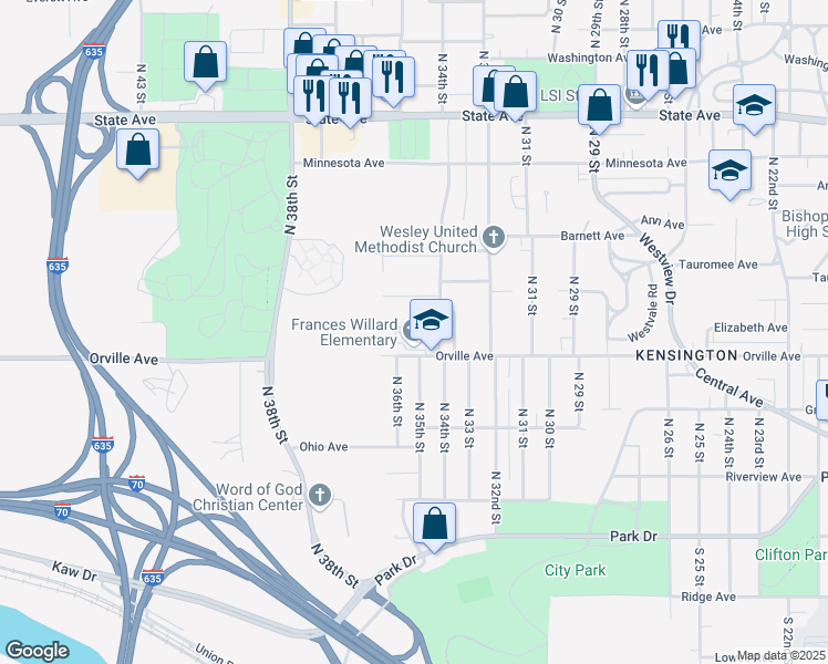 map of restaurants, bars, coffee shops, grocery stores, and more near 3400 Orville Avenue in Kansas City