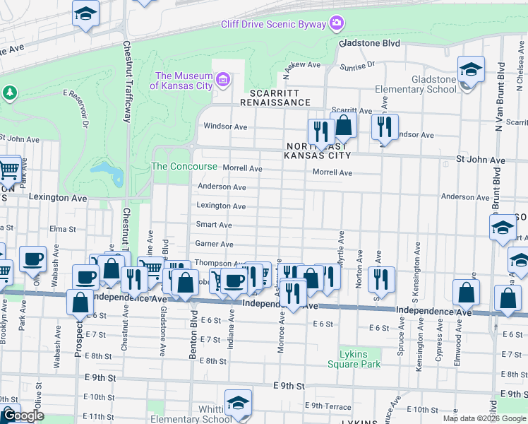 map of restaurants, bars, coffee shops, grocery stores, and more near 304 Bales Avenue in Kansas City