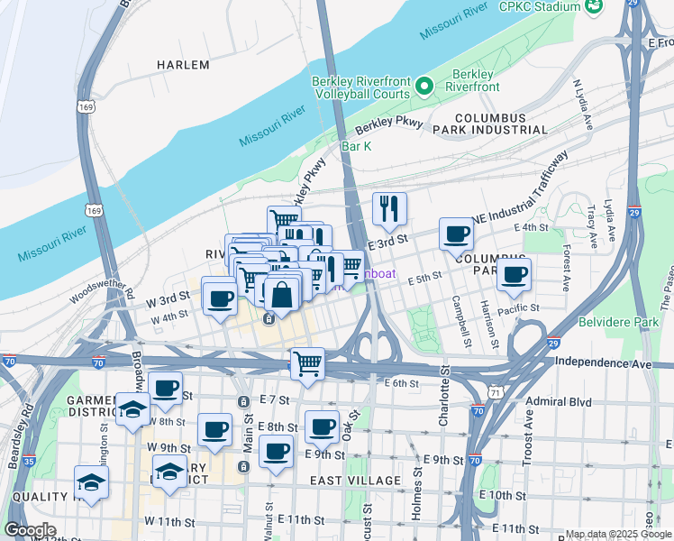 map of restaurants, bars, coffee shops, grocery stores, and more near 416 East 3rd Street in Kansas City
