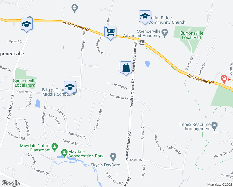 map of restaurants, bars, coffee shops, grocery stores, and more near 15421 Thompson Road in Silver Spring