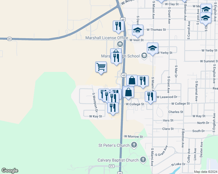 map of restaurants, bars, coffee shops, grocery stores, and more near 904 South Apache Drive in Marshall