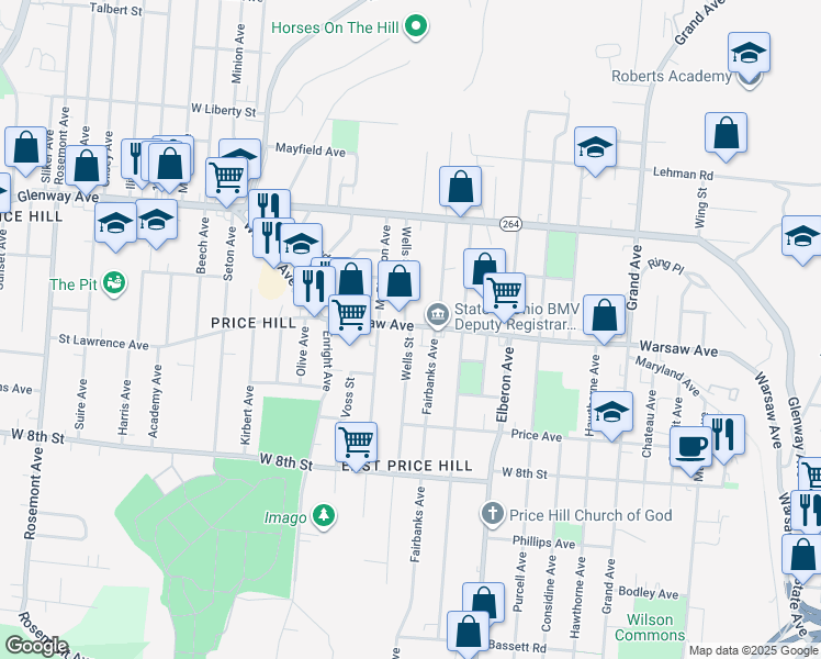 map of restaurants, bars, coffee shops, grocery stores, and more near Wells Street in Cincinnati