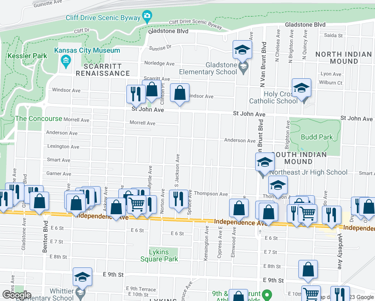 map of restaurants, bars, coffee shops, grocery stores, and more near 320 Spruce Avenue in Kansas City