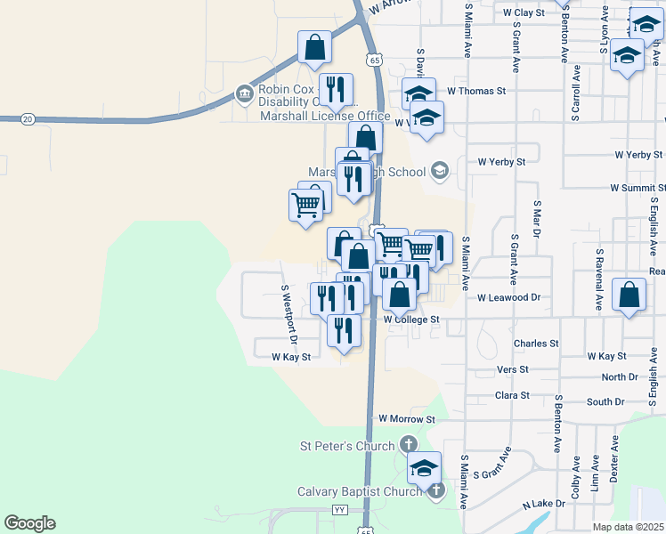 map of restaurants, bars, coffee shops, grocery stores, and more near 904 South Apache Drive in Marshall