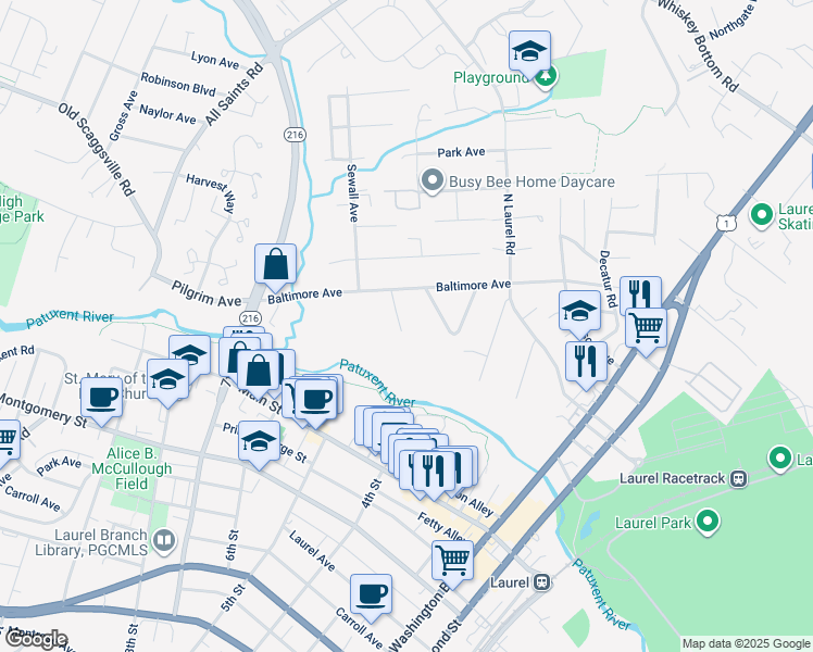 map of restaurants, bars, coffee shops, grocery stores, and more near 9621 Durant Avenue in Laurel