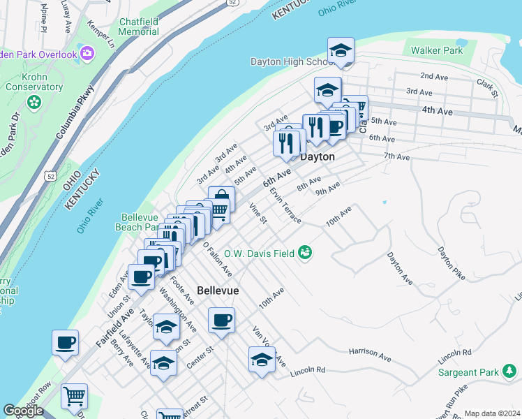 map of restaurants, bars, coffee shops, grocery stores, and more near 702 Ervin Terrace in Dayton