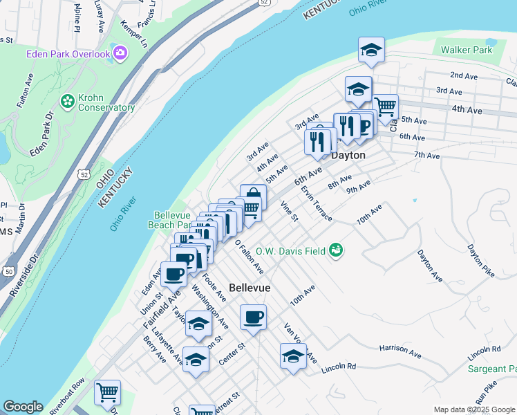 map of restaurants, bars, coffee shops, grocery stores, and more near 215 5th Avenue in Dayton