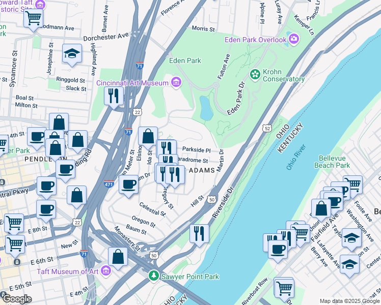 map of restaurants, bars, coffee shops, grocery stores, and more near 966 Mount Adams Drive in Cincinnati
