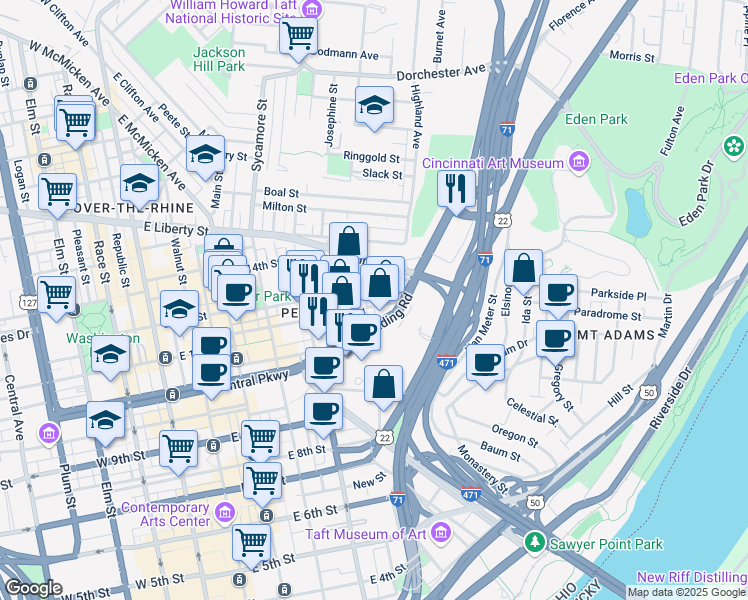 map of restaurants, bars, coffee shops, grocery stores, and more near 532 East 13th Street in Cincinnati
