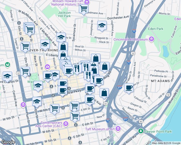 map of restaurants, bars, coffee shops, grocery stores, and more near in Cincinnati