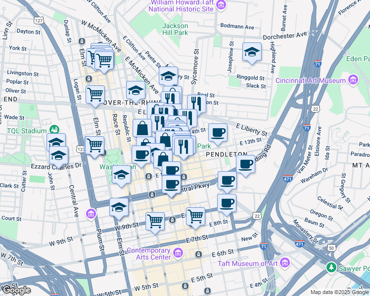 map of restaurants, bars, coffee shops, grocery stores, and more near 216 Woodward Street in Cincinnati