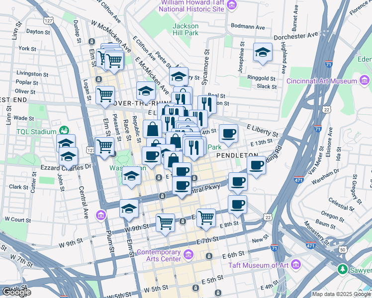 map of restaurants, bars, coffee shops, grocery stores, and more near 216 Woodward Street in Cincinnati