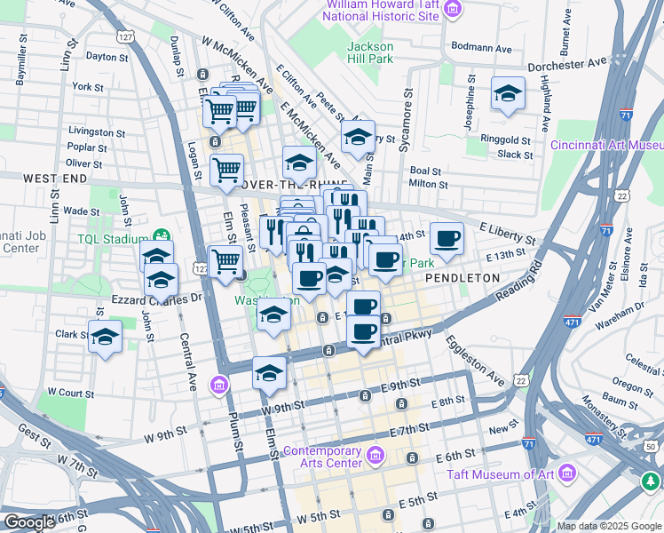 map of restaurants, bars, coffee shops, grocery stores, and more near 1415 Walnut Street in Cincinnati