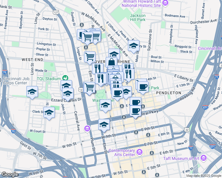 map of restaurants, bars, coffee shops, grocery stores, and more near 1412 Republic Street in Cincinnati