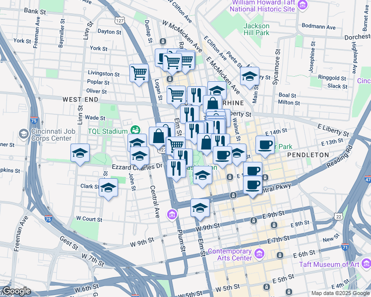 map of restaurants, bars, coffee shops, grocery stores, and more near 1429 Elm Street in Cincinnati