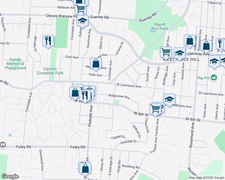map of restaurants, bars, coffee shops, grocery stores, and more near 4403 Saint Lawrence Avenue in Cincinnati