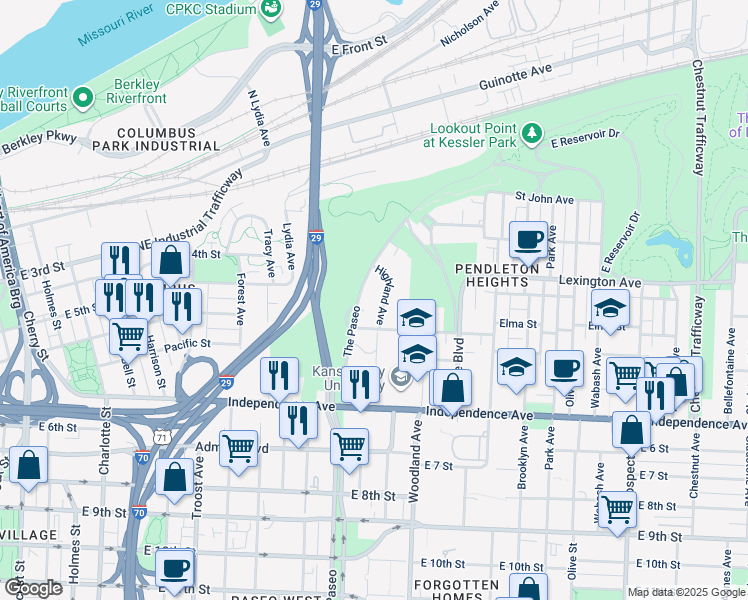 map of restaurants, bars, coffee shops, grocery stores, and more near 320 Highland Avenue in Kansas City