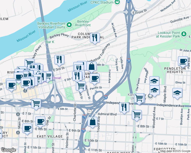 map of restaurants, bars, coffee shops, grocery stores, and more near 1040 East 5th Street in Kansas City
