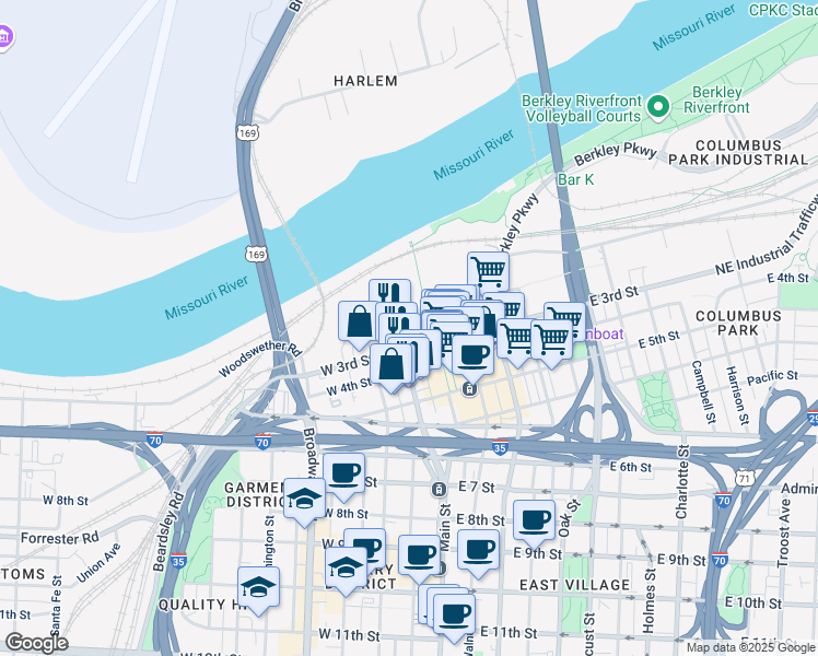 map of restaurants, bars, coffee shops, grocery stores, and more near 136 Main Street in Kansas City