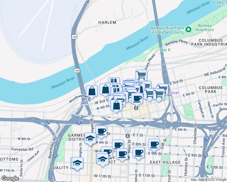 map of restaurants, bars, coffee shops, grocery stores, and more near 114 Delaware Street in Kansas City