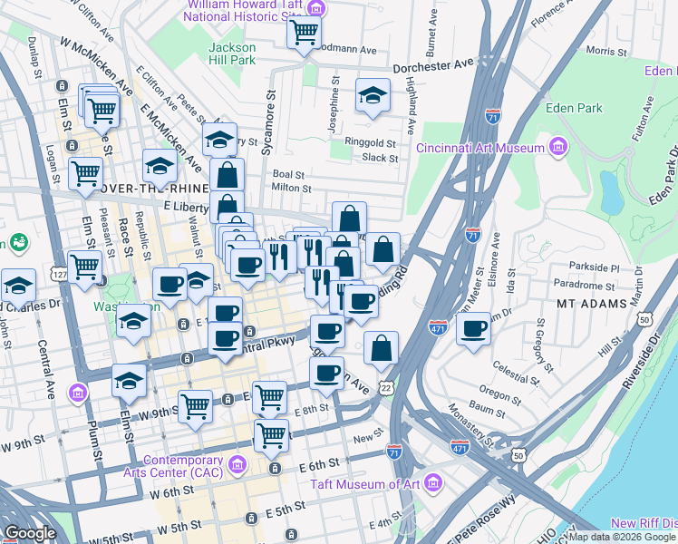 map of restaurants, bars, coffee shops, grocery stores, and more near 429 East 13th Street in Cincinnati