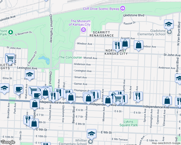 map of restaurants, bars, coffee shops, grocery stores, and more near 3419 Lexington Avenue in Kansas City